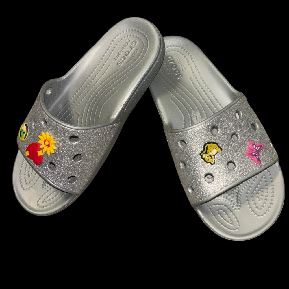 CROCS Silver Slide Sandals with Fun Accents